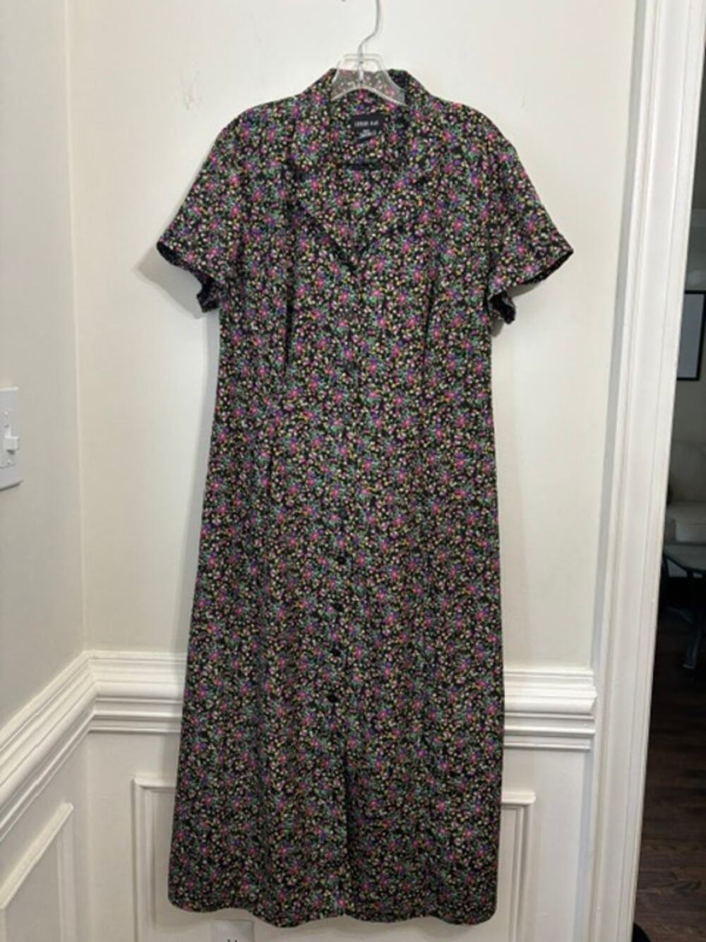 Vintage Leslie Fay Dress Floral Midi 80s XL Collar USA Button Front